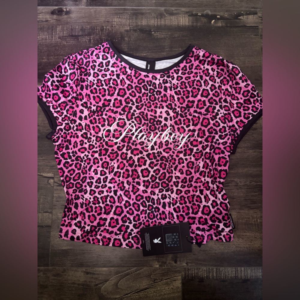 PLAYBOY Pink and Black Leopard Print Short Sleeve Top